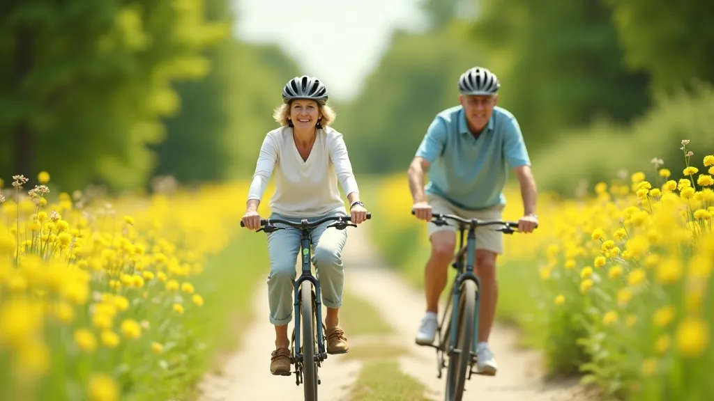 Seniori uz velosipēdiem lauku ceļā ar ziedošiem laukiem apkārt, vasaras diena