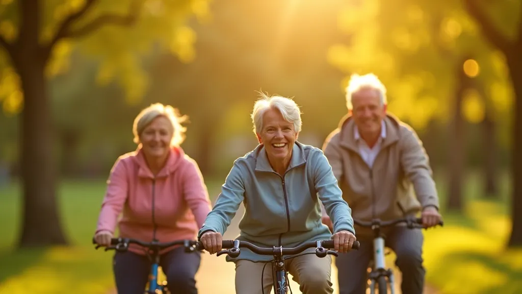 Grupa senioru pēc sekmīga velobrauciena, smaidi un pozitīva enerģija, dabā