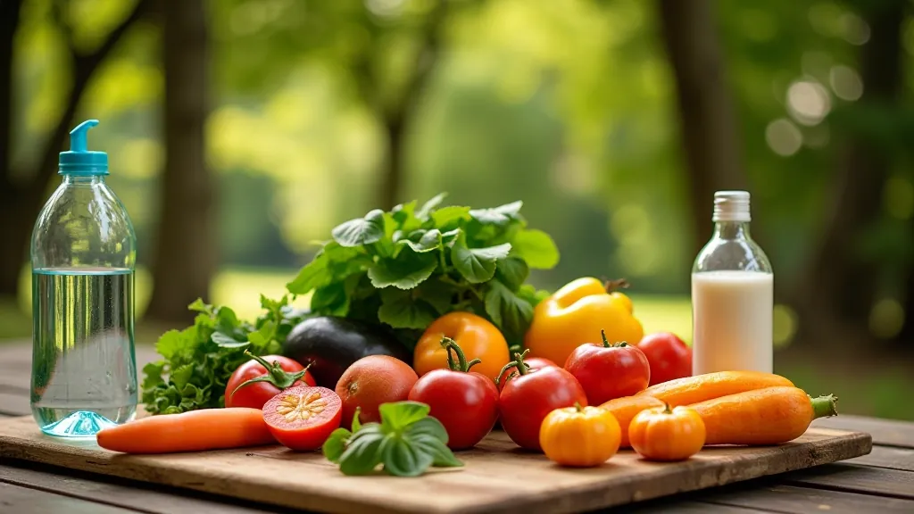 Galds ar veselīgiem produktiem — augļiem, zāļu salātiem un ūdens pudeli
